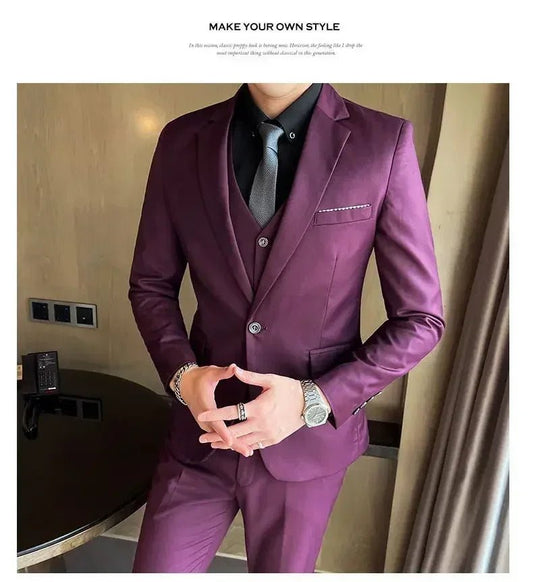 Mandotos International men's formal dress suit with blazer, vest, and pants in navy, tailored for professional business or banquet occasions.