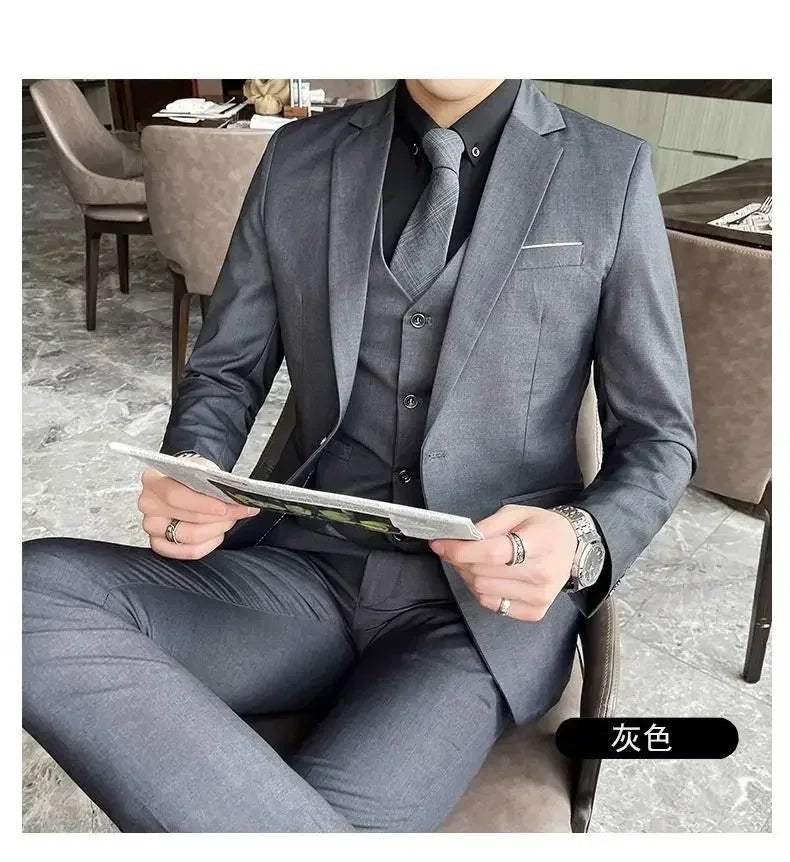 Mandotos International men's formal dress suit including blazer, vest, and pants in S-9XL size, professional business attire.