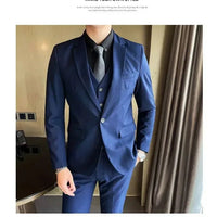 Mandotos International men's formal dress suit with blazer, vest, and pants, in dark fabric for business and formal occasions.