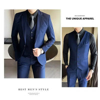 Mandotos International men's formal dress suit with blazer, vest, and pants, in stylish black, perfect for business or banquets.