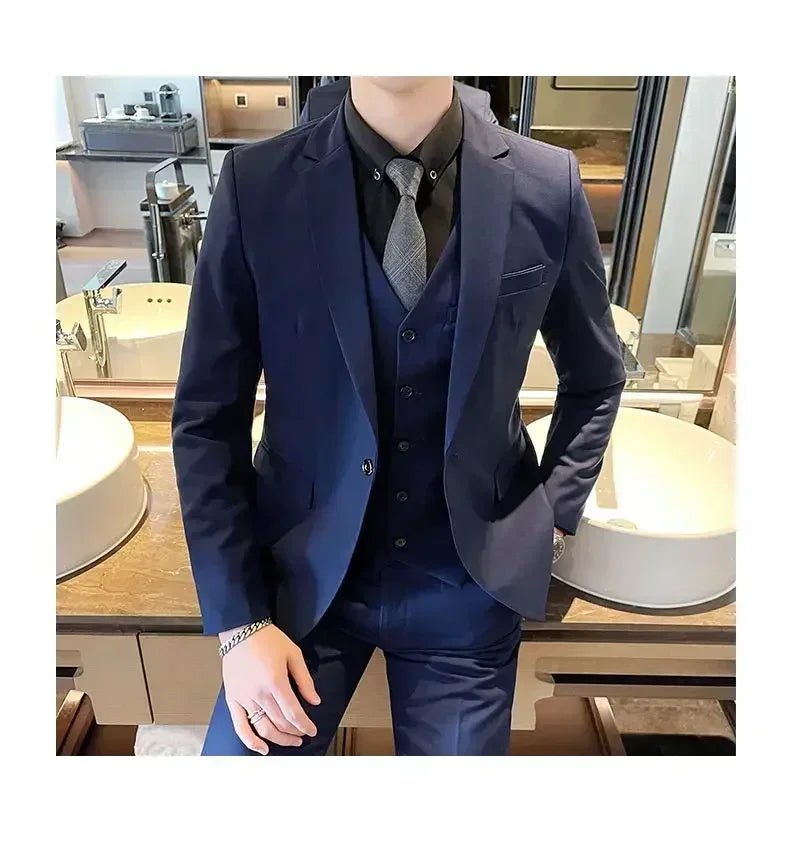 Mandotos International men's formal fashion suit with blazer, vest, and pants in size 6XL, suitable for business and formal events.