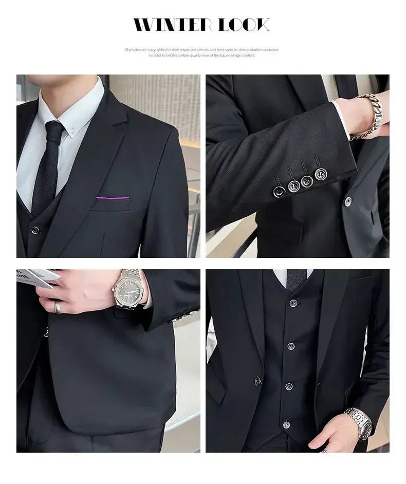 Mandotos International men's formal suit set with blazer, vest, and pants in stylish business attire, Korean version, 6XL size.
