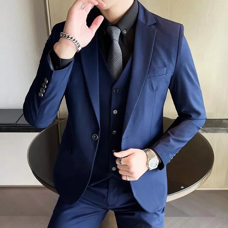 Mandotos International men's formal dress suit with blazer, vest, and pants in S-9XL size, professional Korean-style business attire