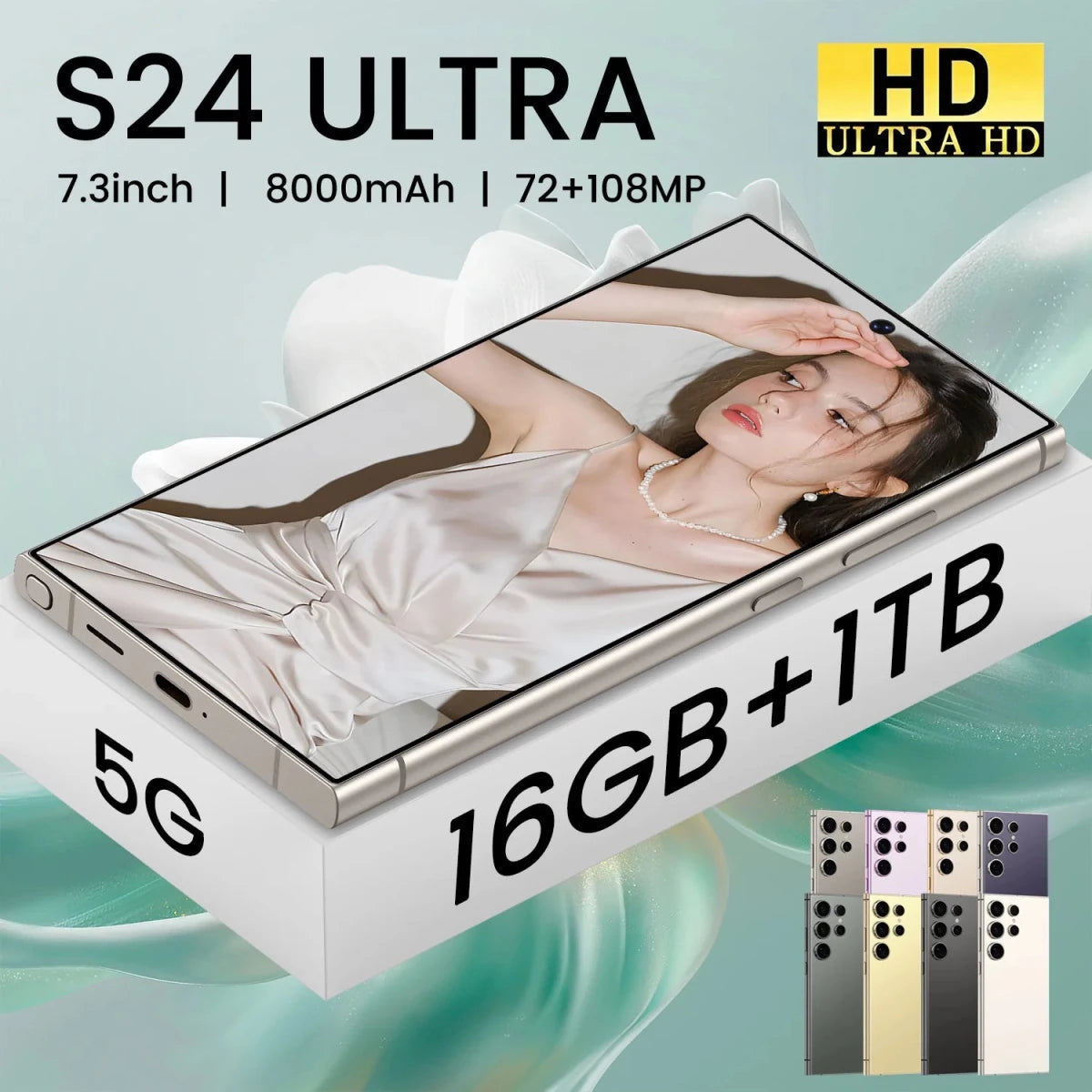 Mandotos S24 Ultra 7.3 5G smartphone with 108MP rear camera, 12GB RAM, 256GB storage, quick charge, suitable for business travel.