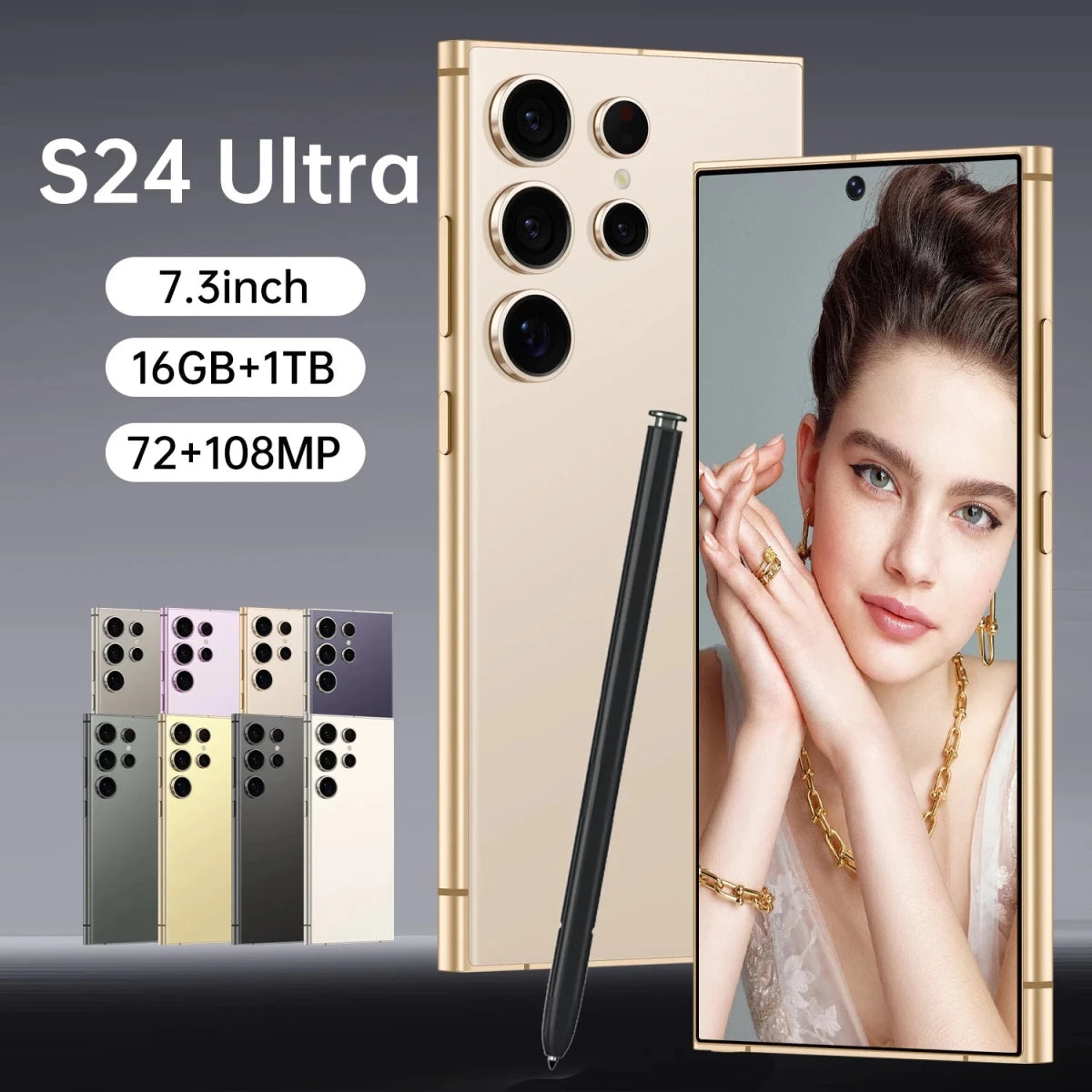 Mandotos S24 Ultra 7.3 5G smartphone with 108MP rear camera, 12GB RAM, 256GB storage, and fast 65W charging.