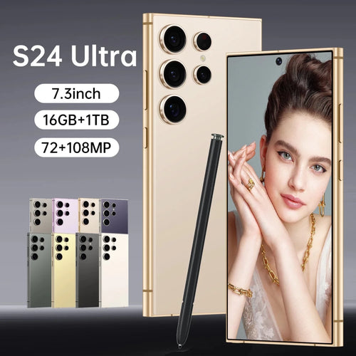 Mandotos S24 Ultra 7.3 5G smartphone with 108MP rear camera, 12GB RAM, 256GB storage, and fast 65W charging.