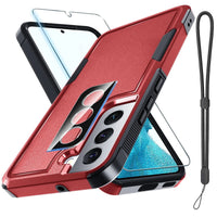 Red Samsung Galaxy S22 rugged full-body case with screen and lens protector by MANDOTOS INTERNATIONAL, showcasing durable protection.