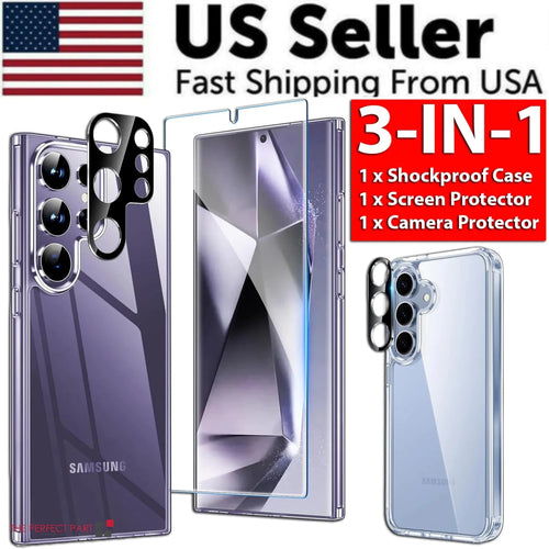 Samsung Galaxy S24 Ultra Plus protection kit by MANDOTOS INTERNATIONAL with screen protector and phone case on a white background.