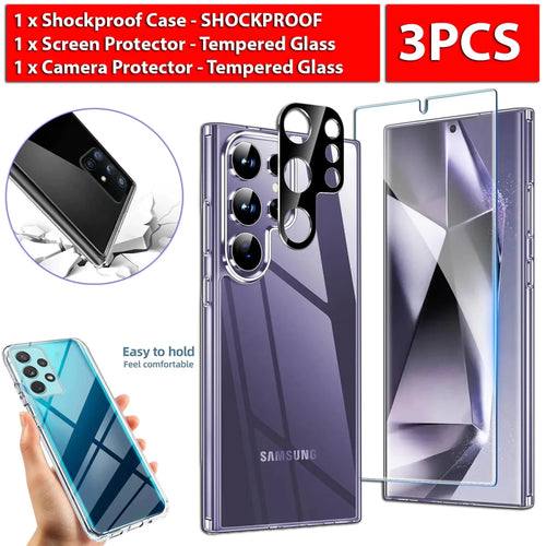 Mandotos International Samsung Galaxy S24 Ultra Plus complete protection kit with screen protector, cases, and accessories.
