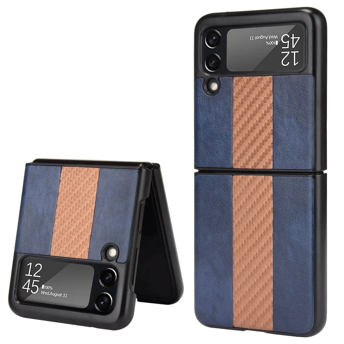 Samsung Z Flip 3 5G leather folding case by MANDOTOS INTERNATIONAL, showing the sleek black case with open flip design.