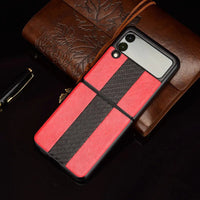 Samsung Z Flip 3 5G leather folding case by MANDOTOS INTERNATIONAL, showcasing the sleek, textured leather exterior.
