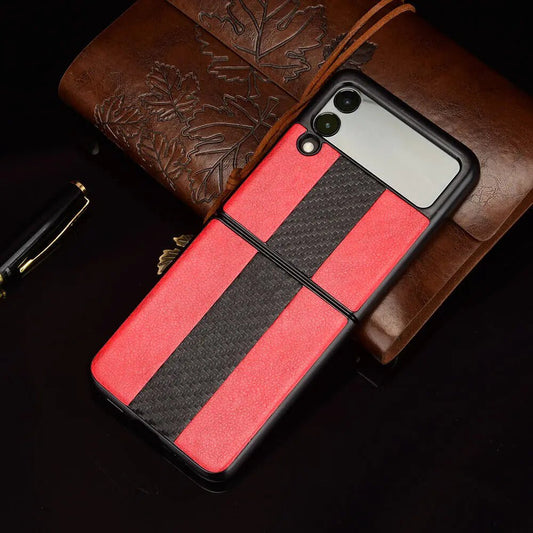 Samsung Z Flip 3 5G leather folding case by MANDOTOS INTERNATIONAL, showcasing the sleek, textured leather exterior.