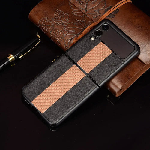 Samsung Z Flip 3 5G leather folding case by MANDOTOS INTERNATIONAL, shown open with soft brown leather exterior and interior.