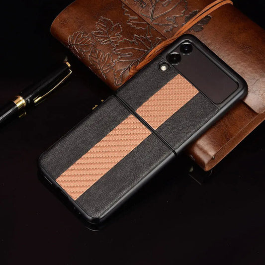 Samsung Z Flip 3 5G leather folding case by MANDOTOS INTERNATIONAL, shown open with soft brown leather exterior and interior.