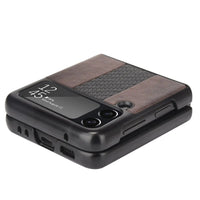 Samsung Z Flip 3 5G leather folding case by Mandotos International, showing the sleek black leather exterior and compact design.