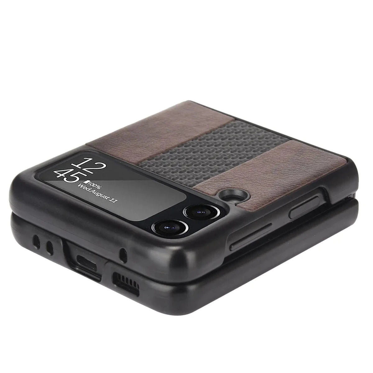 Samsung Z Flip 3 5G leather folding case by Mandotos International, showing the sleek black leather exterior and compact design.