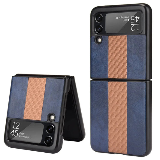 Samsung Z Flip 3 5G leather folding case by MANDOTOS INTERNATIONAL, shown in black with a sleek, smooth leather finish.
