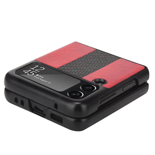 Samsung Z Flip 3 5G leather folding case by MANDOTOS INTERNATIONAL, shown in black with a sleek, foldable design.