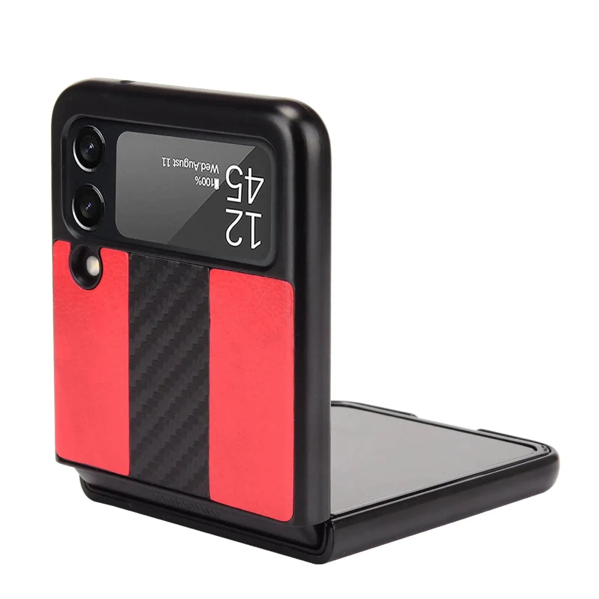 Samsung Z Flip 3 5G leather folding case by MANDOTOS INTERNATIONAL, showing the sleek black leather exterior and foldable design.
