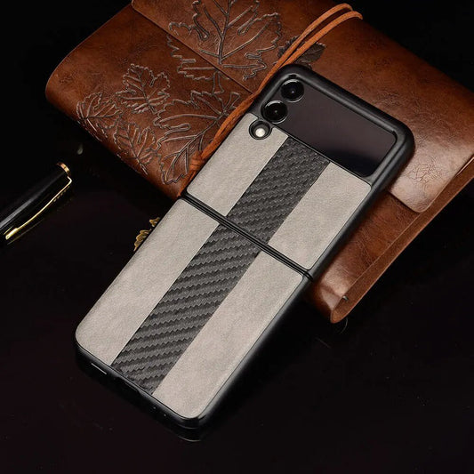Samsung Z Flip 3 5G leather folding case by MANDOTOS INTERNATIONAL, showing the sleek black leather exterior and foldable design.