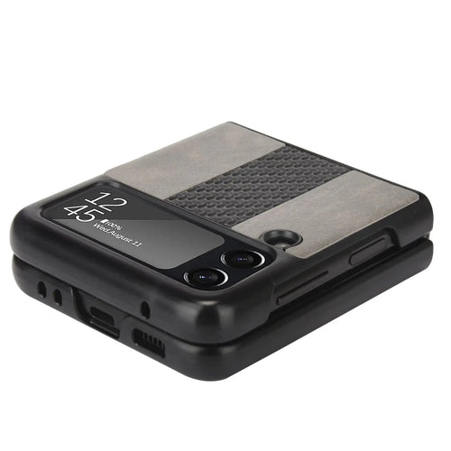 Samsung Z Flip 3 5G leather folding case by MANDOTOS INTERNATIONAL, showing its sleek black leather exterior and foldable design.