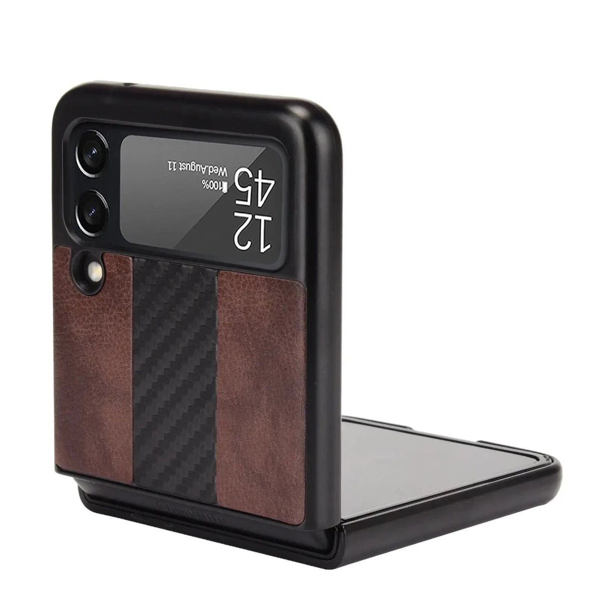 Samsung Z Flip 3 5G leather folding case by MANDOTOS INTERNATIONAL, showing the sleek leather exterior and foldable design.