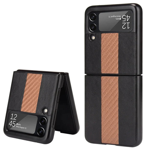 Samsung Z Flip 3 5G leather folding case from MANDOTOS INTERNATIONAL, shown in a close-up view highlighting the textured leather exterior.
