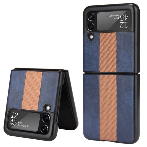 Samsung Z Flip 3 5G leather folding case by MANDOTOS INTERNATIONAL, showing the sleek black leather exterior and foldable design.