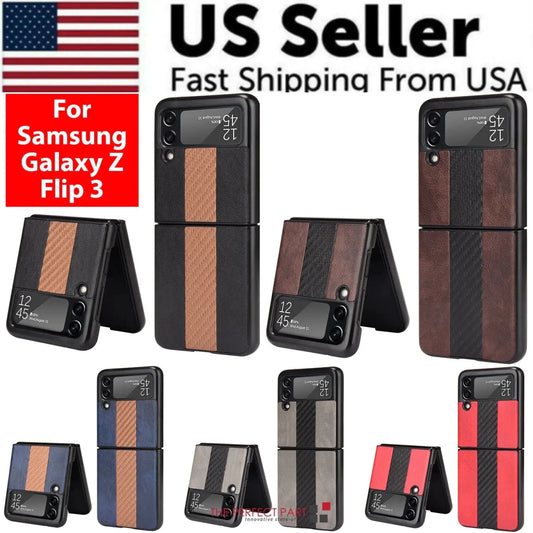 Samsung Z Flip 3 5G leather folding case by MANDOTOS INTERNATIONAL, showcasing its sleek design and smooth leather finish.