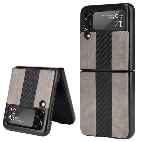 Samsung Z Flip 3 5G leather folding case by MANDOTOS INTERNATIONAL, shown open with textured leather exterior and inner phone holder