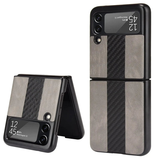 Samsung Z Flip 3 5G leather folding case by MANDOTOS INTERNATIONAL, shown open with textured leather exterior and inner phone holder