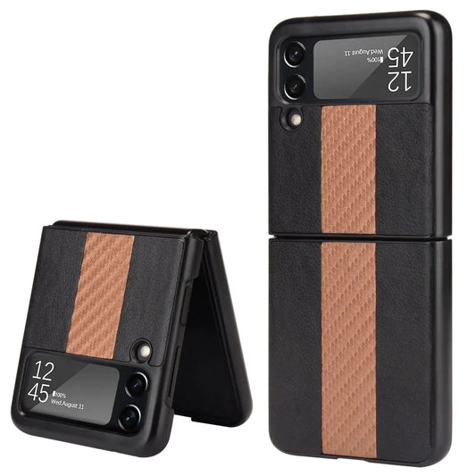 Samsung Galaxy Z Flip 3 5G leather folding case by MANDOTOS INTERNATIONAL, showcasing the stylish black leather exterior and folding design.