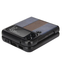 Samsung Z Flip 3 5G leather folding case by Mandotos International, shown in a close-up of the brown textured leather exterior.