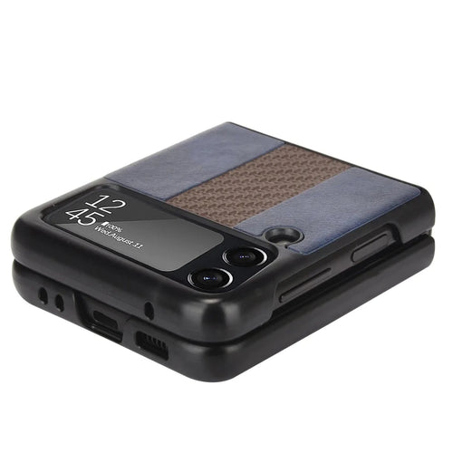 Samsung Z Flip 3 5G leather folding case by Mandotos International, shown in a close-up of the brown textured leather exterior.