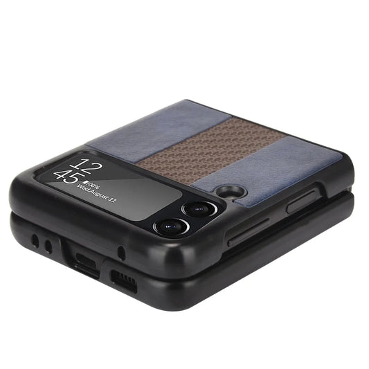 Samsung Z Flip 3 5G leather folding case by Mandotos International, shown in a close-up of the brown textured leather exterior.