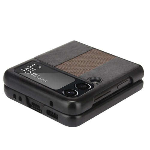 Samsung Z Flip 3 5G leather folding case by Mandotos International, showing the sleek black leather exterior and foldable design.