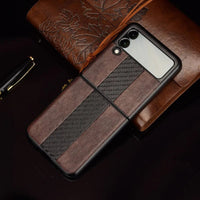 Samsung Z Flip 3 5G leather folding case by MANDOTOS INTERNATIONAL, shown open with soft interior and durable leather exterior.