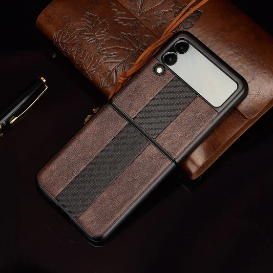 Samsung Z Flip 3 5G leather folding case by MANDOTOS INTERNATIONAL, shown open with soft interior and durable leather exterior.