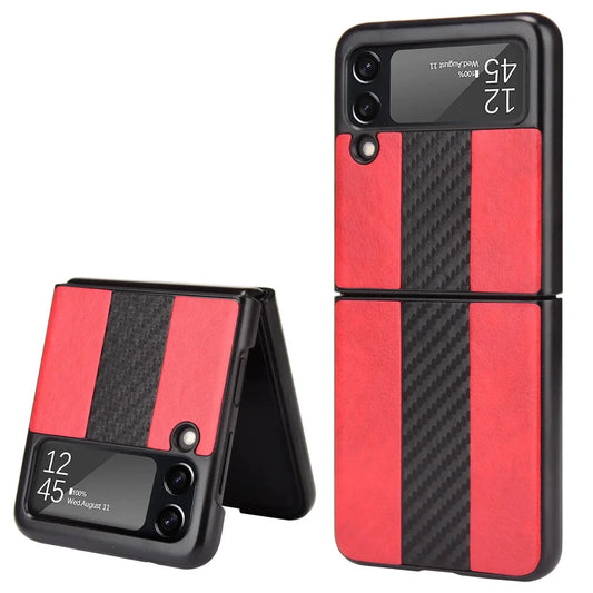 Samsung Z Flip 3 5G leather folding case by MANDOTOS INTERNATIONAL, showcasing the sleek black leather exterior and foldable design.