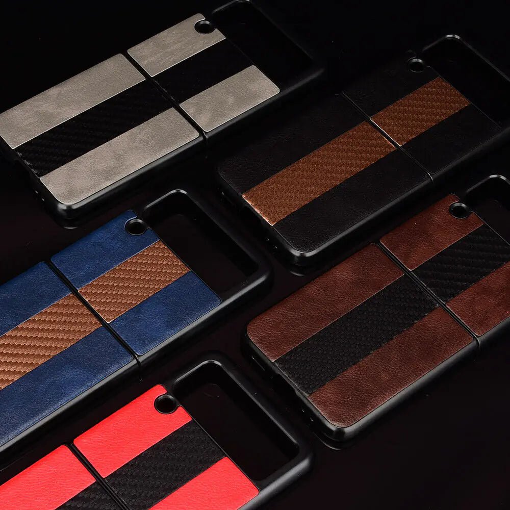 Samsung Z Flip 3 5G leather folding case by Mandotos International, showing the sleek black leather exterior and folding design.
