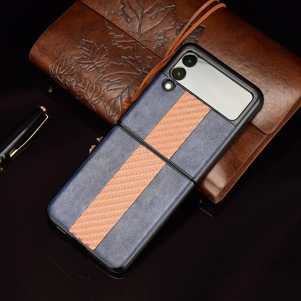 Samsung Z Flip 3 5G leather folding case by MANDOTOS INTERNATIONAL, shown on a phone with a textured leather surface.