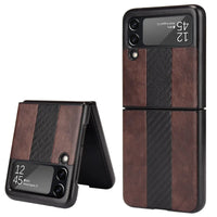 Samsung Z Flip 3 5G leather folding case by MANDOTOS INTERNATIONAL, showcasing the sleek black leather exterior and foldable design.