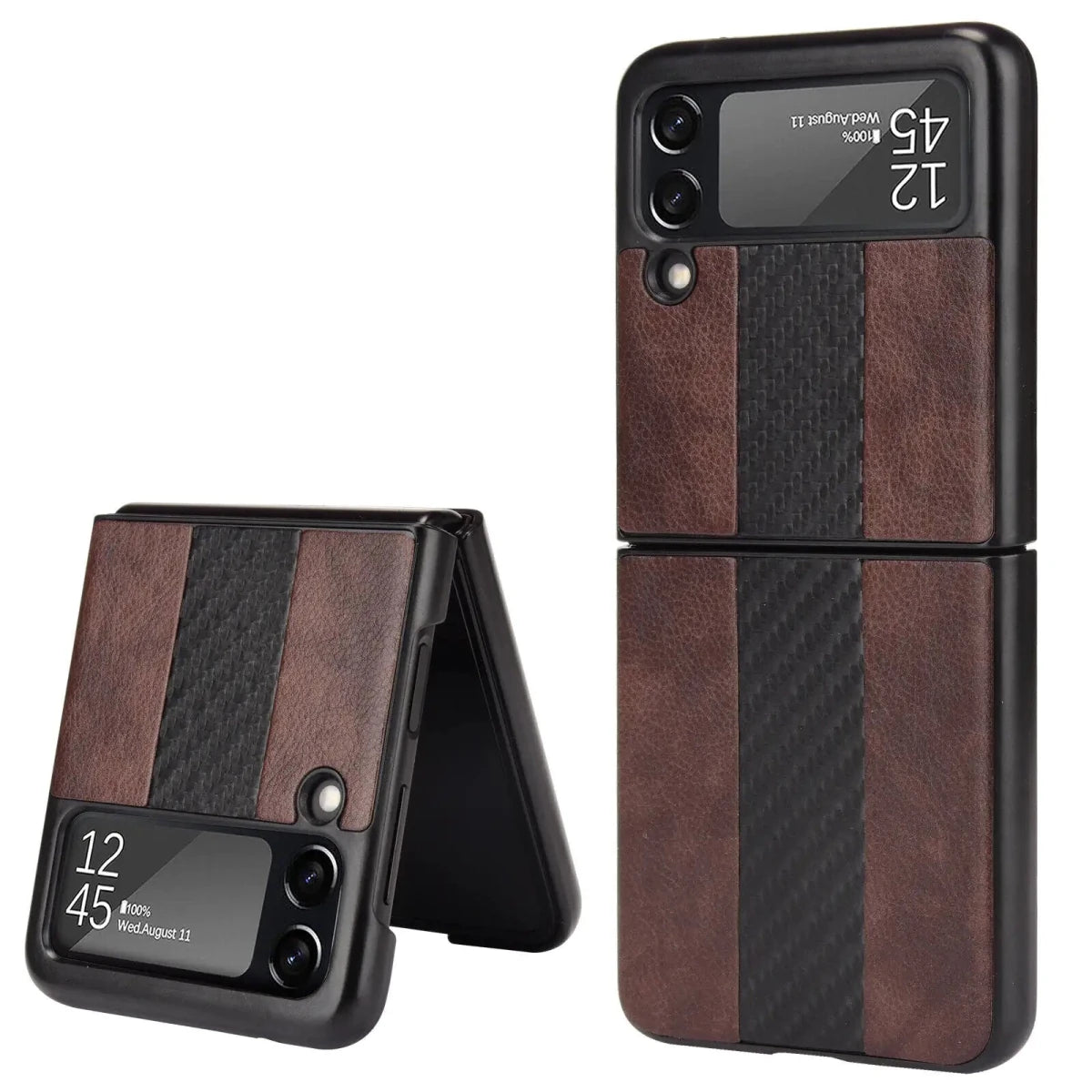 Samsung Z Flip 3 5G leather folding case by MANDOTOS INTERNATIONAL, showcasing the sleek black leather exterior and foldable design.