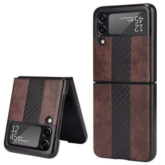 Samsung Z Flip 3 5G leather folding case by MANDOTOS INTERNATIONAL, showcasing the sleek black leather exterior and foldable design.