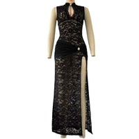 Mandotos International sexy lace long dress with sleeveless design, high slit, vintage bodycon style for evening or party wear.