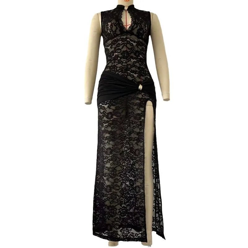 Mandotos International sexy lace long dress with sleeveless design, high slit, vintage bodycon style for evening or party wear.