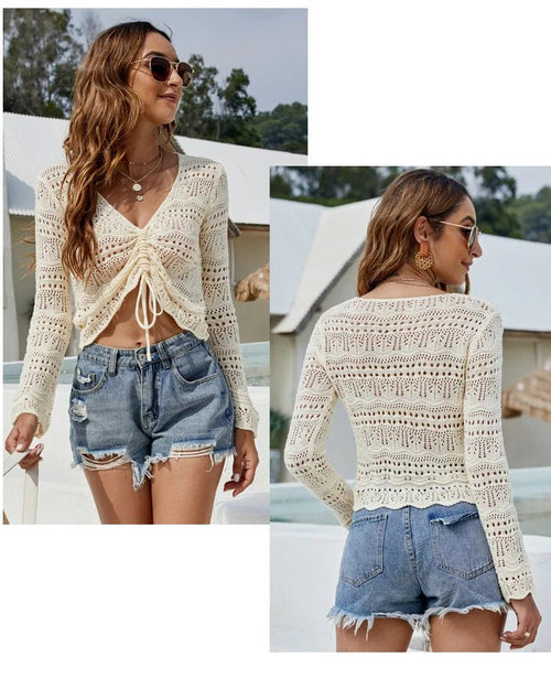 Mandotos International women's long sleeve hollow cutout knit blouse with V-neck and drawstring, casual beach pullover sweater.
