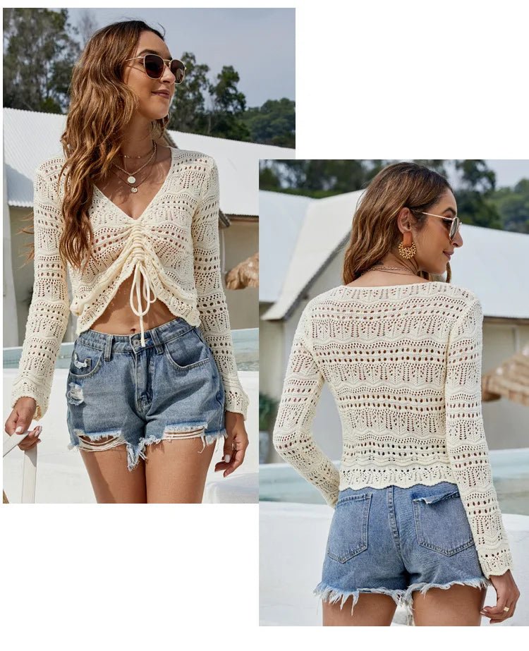 Mandotos International women's long sleeve hollow cutout knit blouse with V-neck and drawstring, casual beach pullover sweater.