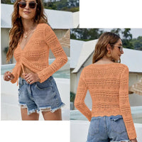 Mandotos International women's long sleeve hollow cutout knit blouse with V-neck, drawstring, beach sunscreen, casual pullover sweater.