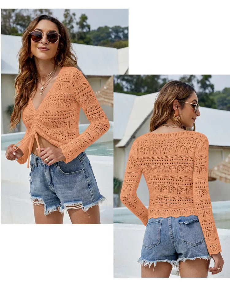 Mandotos International women's long sleeve hollow cutout knit blouse with V-neck, drawstring, beach sunscreen, casual pullover sweater.